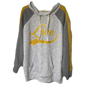 Bobbie Brooks Love Hoodie Womens 1X Gray Yellow Raglan Sleeve Pullover